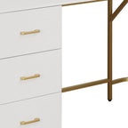 59" White and Gold Wood and Steel L Shape Pedestal Computer Desk With Three Drawers