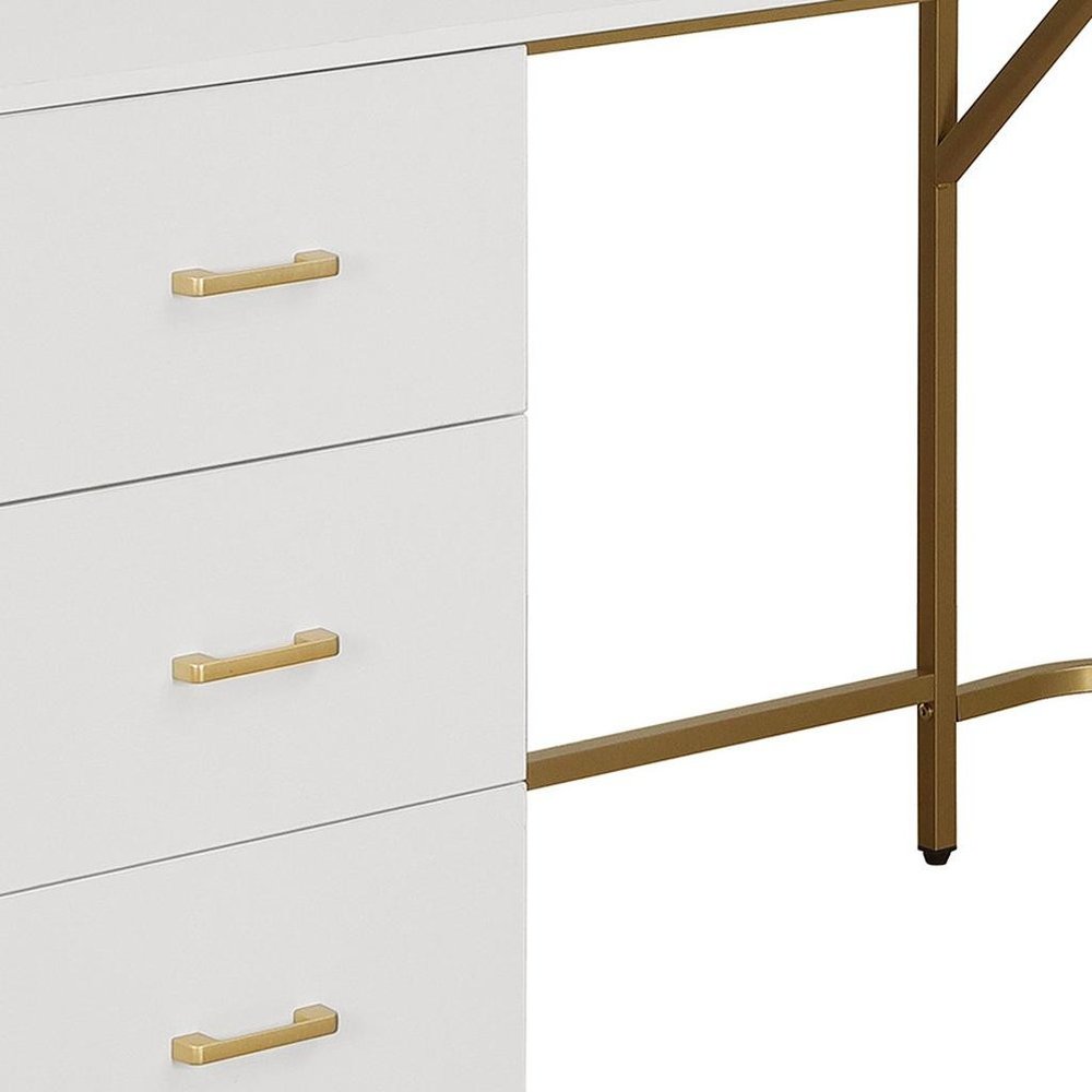 59" White and Gold Wood and Steel L Shape Pedestal Computer Desk With Three Drawers