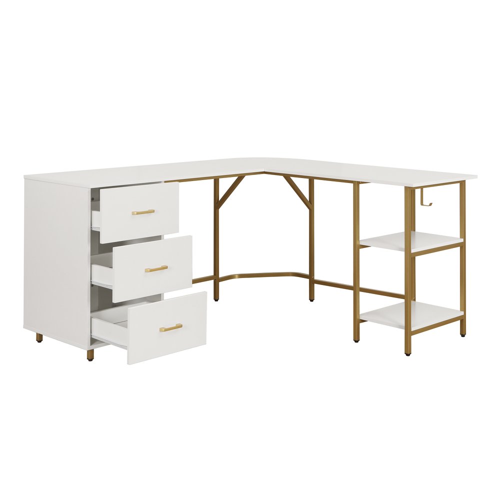 59" White and Gold Wood and Steel L Shape Pedestal Computer Desk With Three Drawers