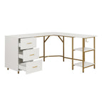59" White and Gold Wood and Steel L Shape Pedestal Computer Desk With Three Drawers