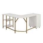 59" White and Gold Wood and Steel L Shape Pedestal Computer Desk With Three Drawers