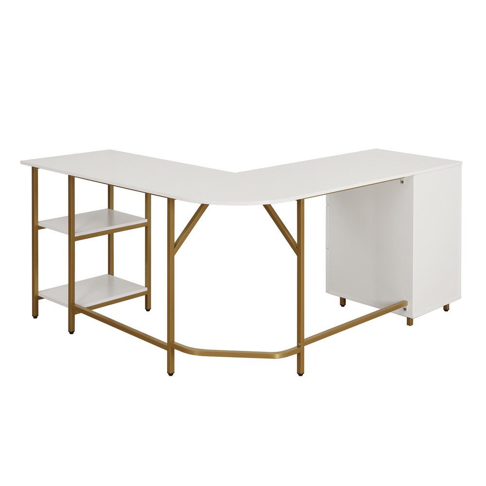 59" White and Gold Wood and Steel L Shape Pedestal Computer Desk With Three Drawers