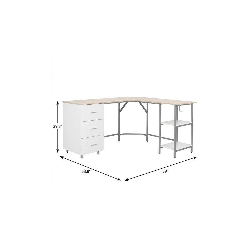 59" Sand Silver and White Wood and Steel L Shape Pedestal Computer Desk With Three Drawers
