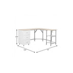 59" Sand Silver and White Wood and Steel L Shape Pedestal Computer Desk With Three Drawers