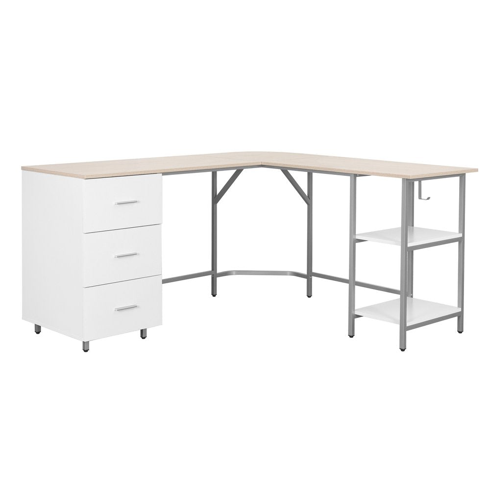 59" Sand Silver and White Wood and Steel L Shape Pedestal Computer Desk With Three Drawers