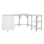 59" Sand Silver and White Wood and Steel L Shape Pedestal Computer Desk With Three Drawers