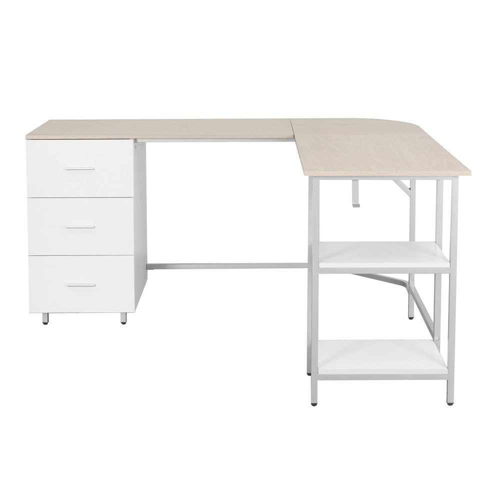 59" Sand Silver and White Wood and Steel L Shape Pedestal Computer Desk With Three Drawers