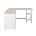 59" Sand Silver and White Wood and Steel L Shape Pedestal Computer Desk With Three Drawers