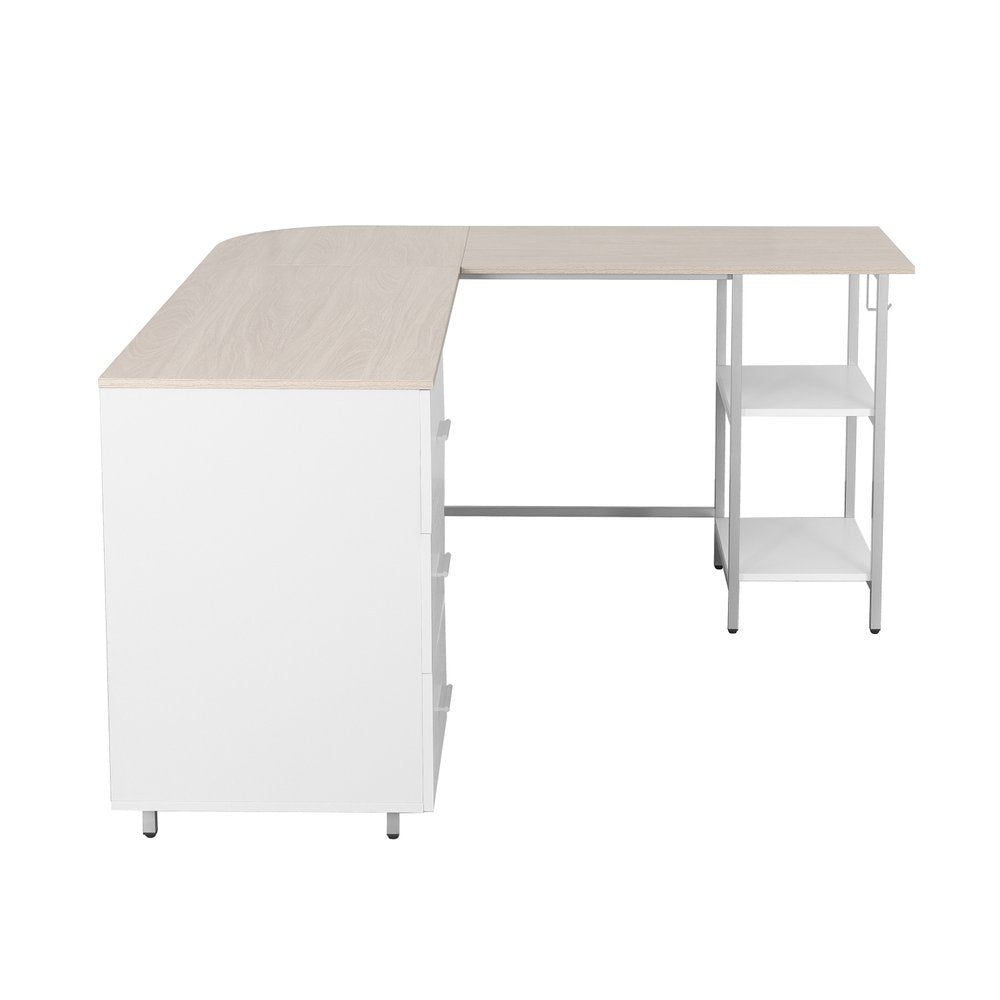 59" Sand Silver and White Wood and Steel L Shape Pedestal Computer Desk With Three Drawers