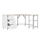 59" Sand Silver and White Wood and Steel L Shape Pedestal Computer Desk With Three Drawers