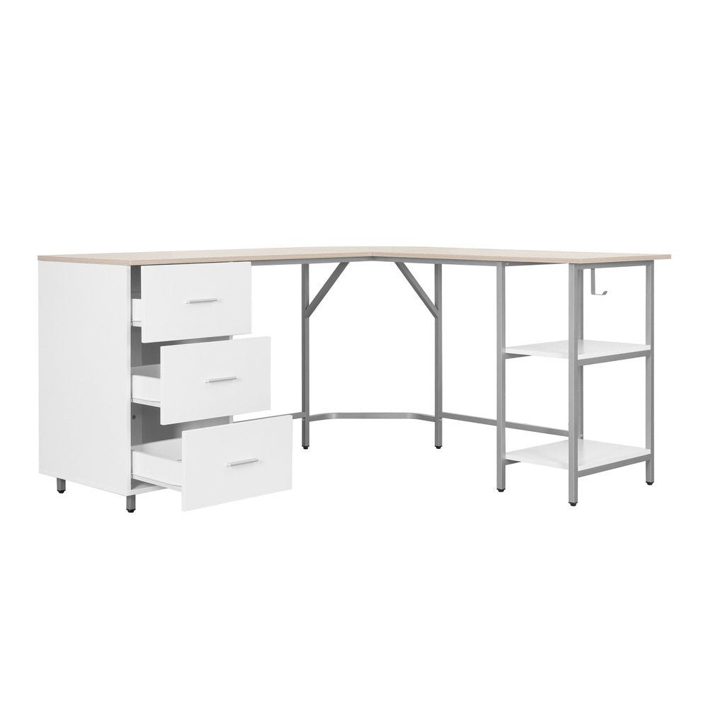 59" Sand Silver and White Wood and Steel L Shape Pedestal Computer Desk With Three Drawers