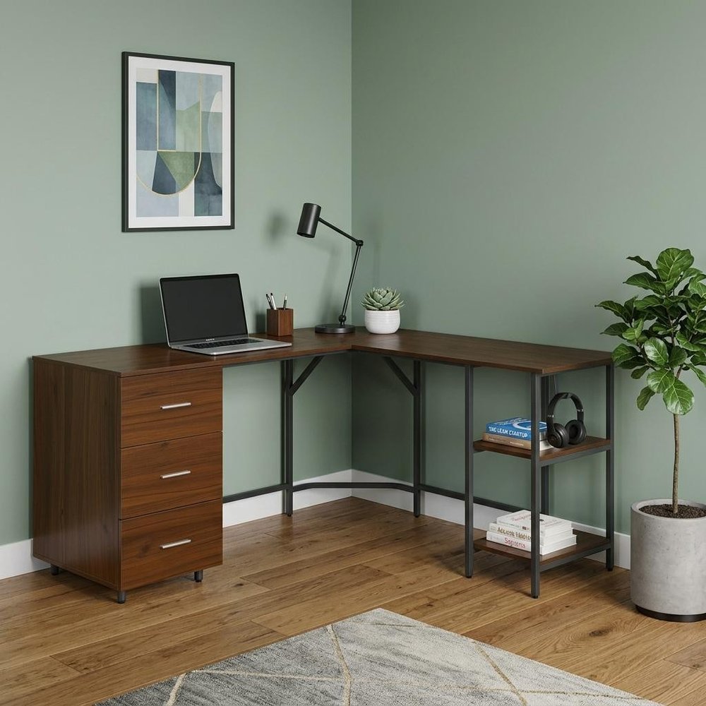 59" Walnut Wood and Steel L Shape Pedestal Computer Desk With Three Drawers