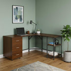 59" Walnut Wood and Steel L Shape Pedestal Computer Desk With Three Drawers