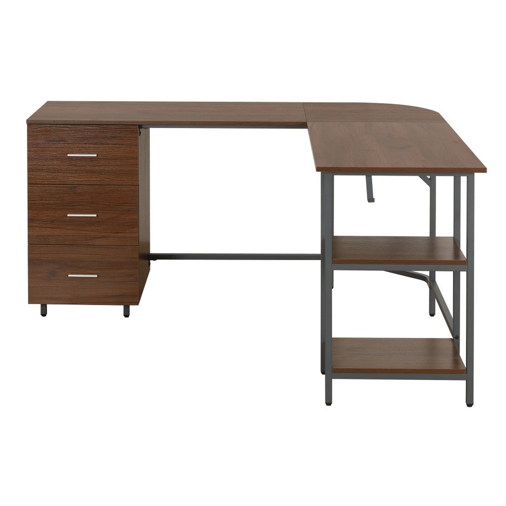 59" Walnut Wood and Steel L Shape Pedestal Computer Desk With Three Drawers