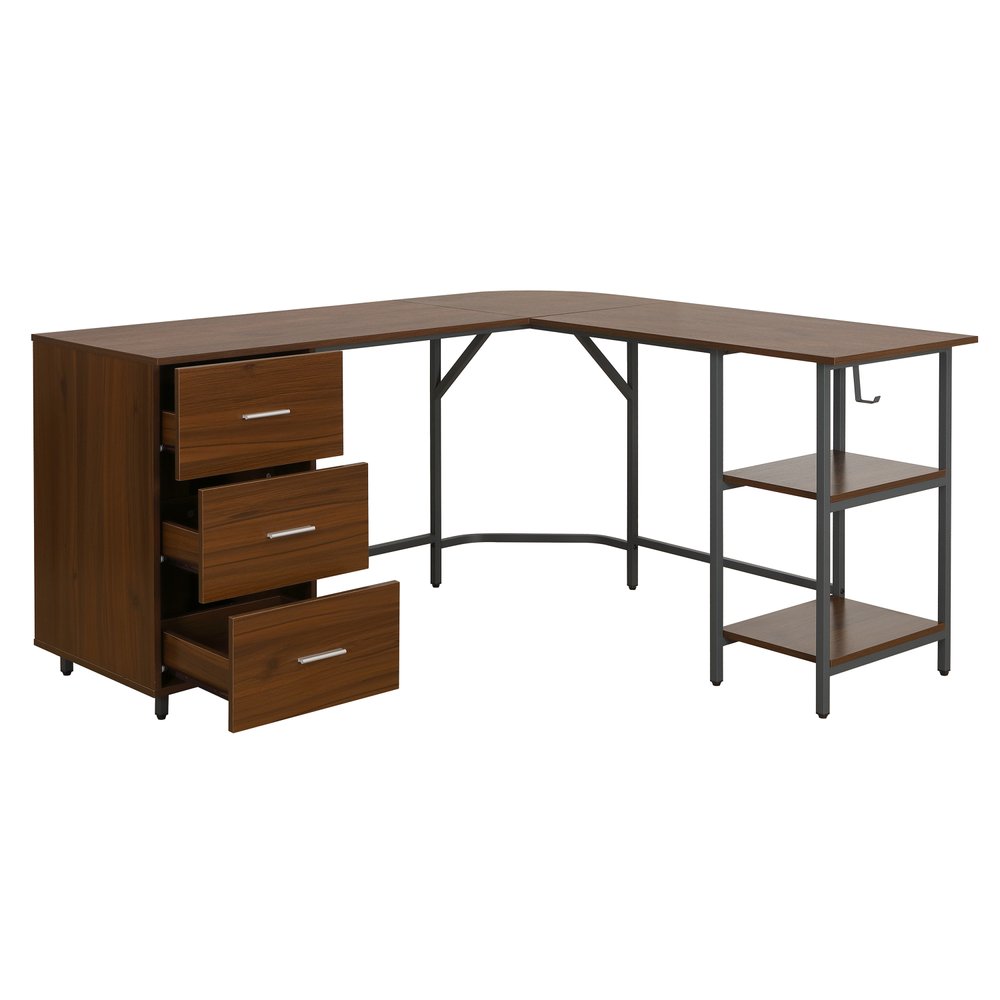 59" Walnut Wood and Steel L Shape Pedestal Computer Desk With Three Drawers
