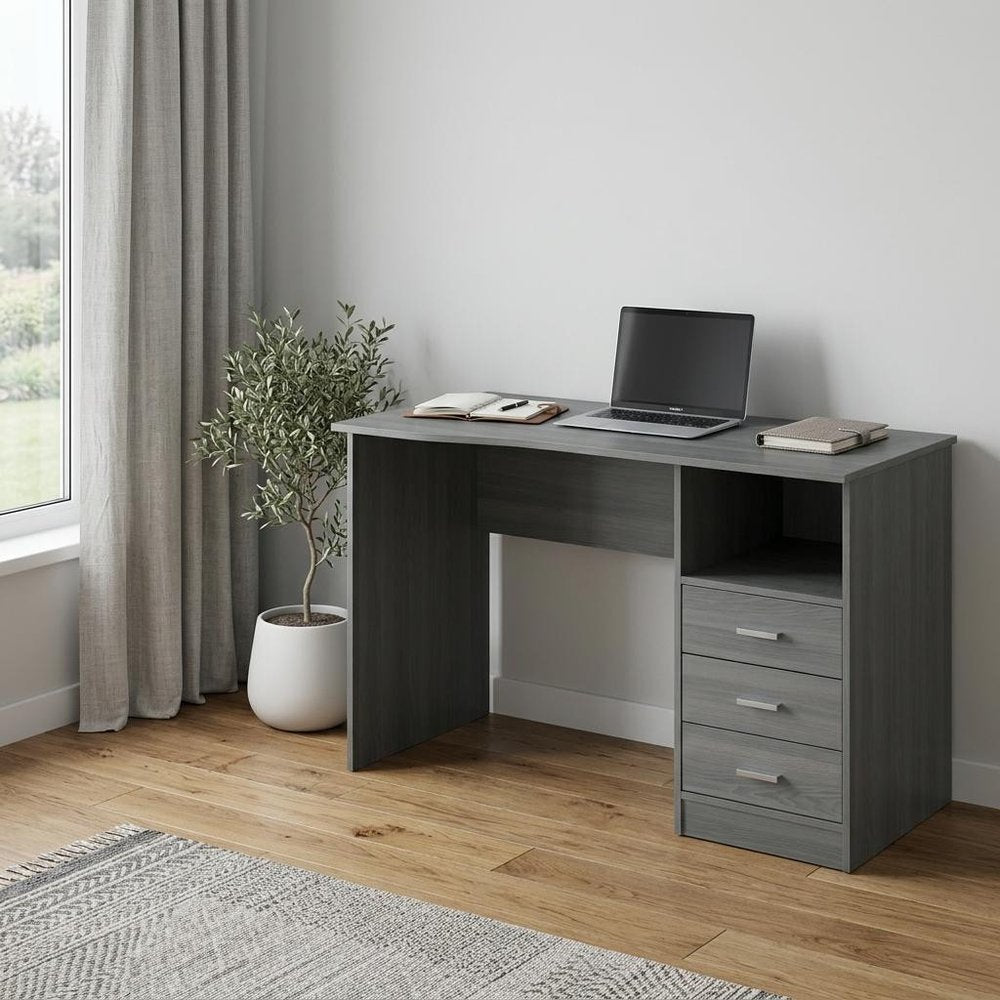 51" Gray Wood Pedestal Computer Desk With Three Drawers