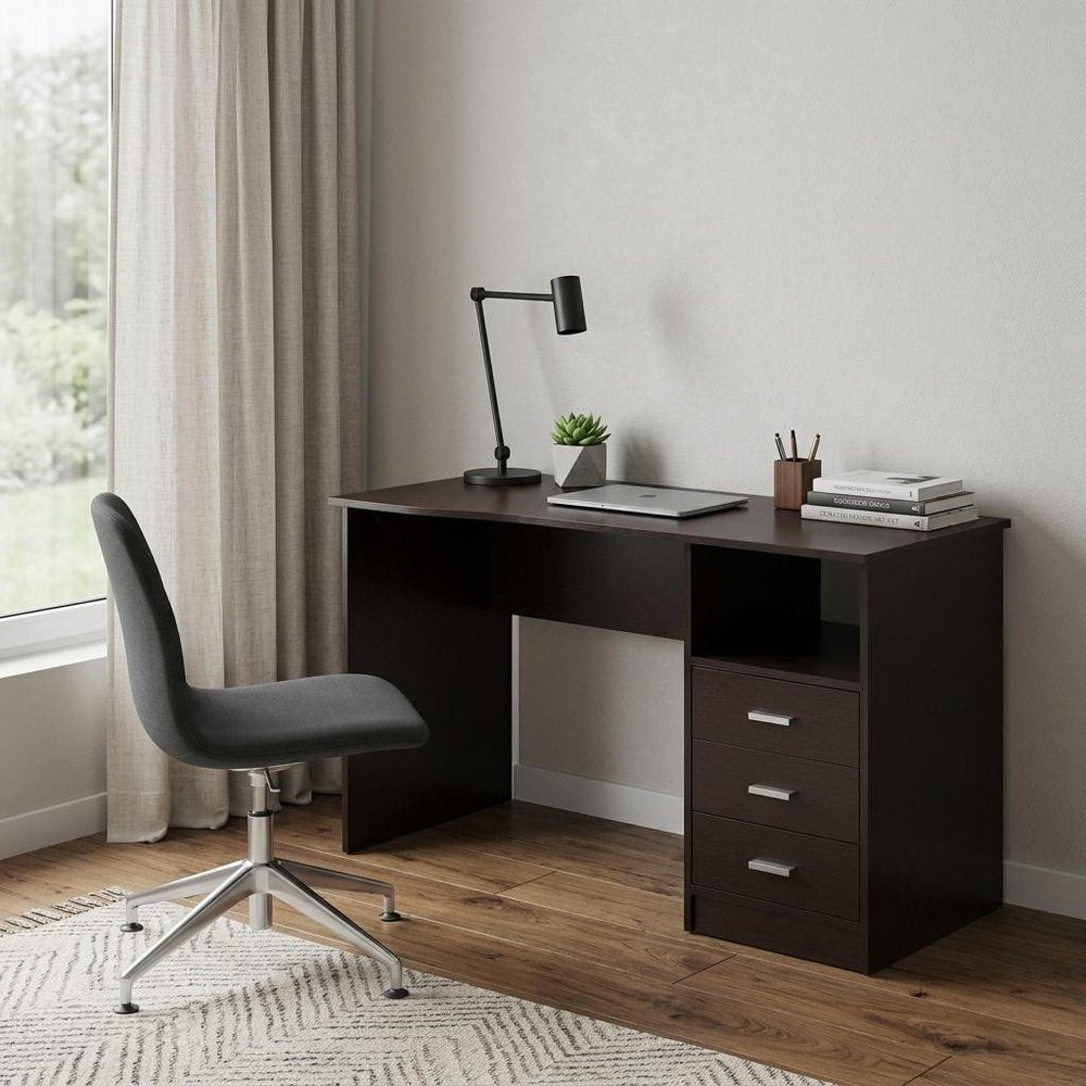 51" Dark Brown Wood Pedestal Computer Desk With Three Drawers