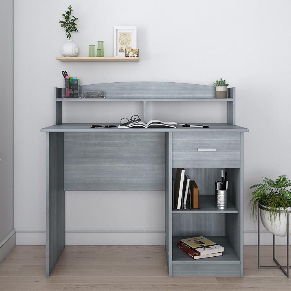 41" Gray Wood Pedestal Computer Desk With Hutch