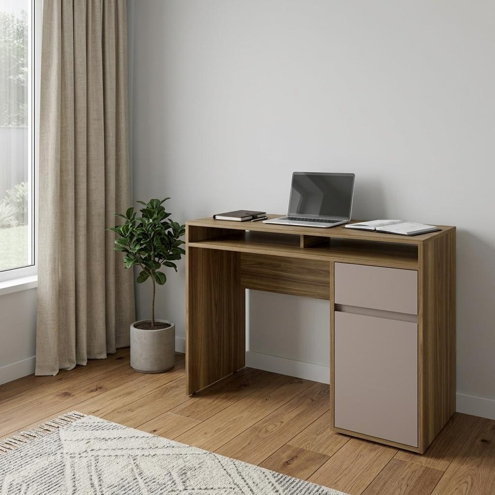 43" Walnut and Gray Wood Pedestal Computer Desk