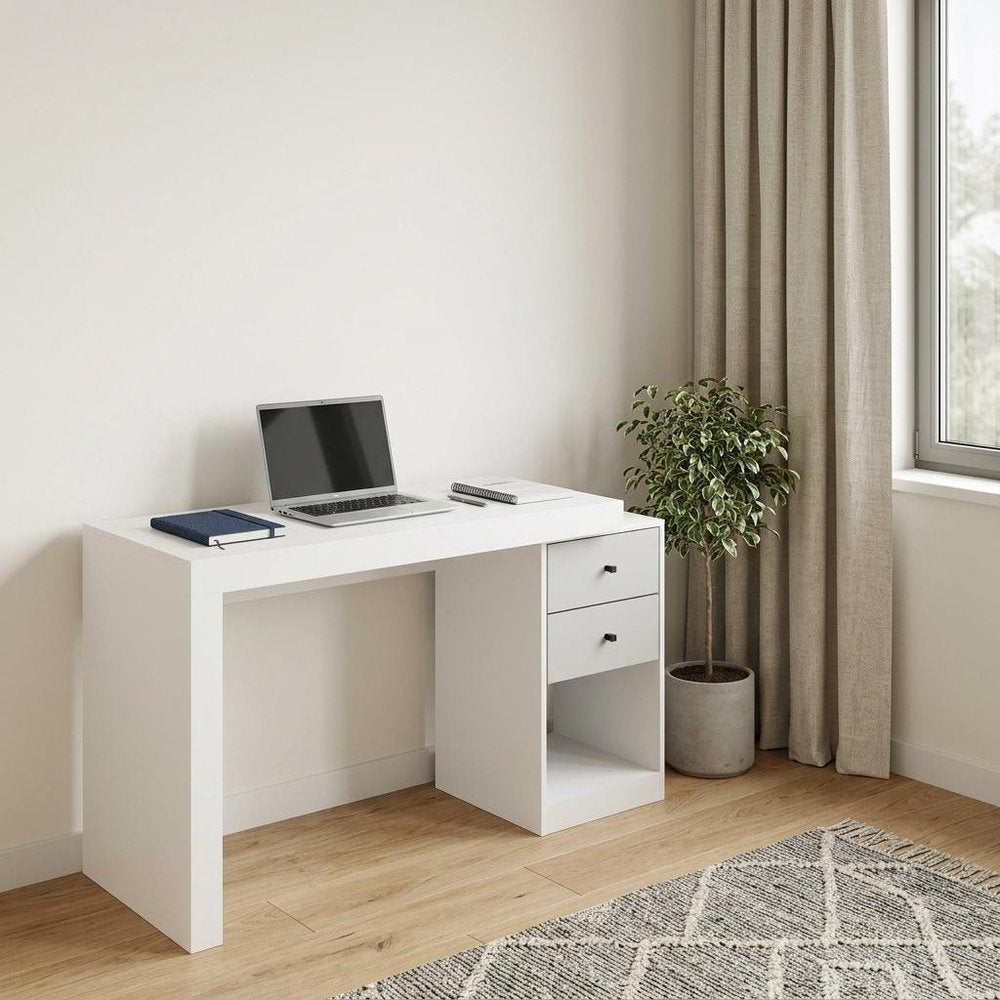 58" White Wood Pedestal Writing Desk With Two Drawers