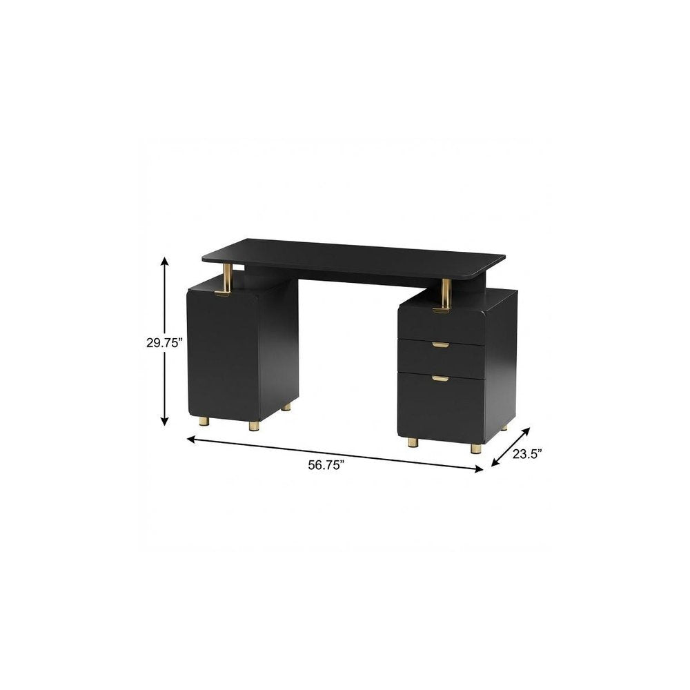 57" Black and Gold Wood and Steel Pedestal Executive Desk With Three Drawers