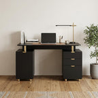 57" Black and Gold Wood and Steel Pedestal Executive Desk With Three Drawers