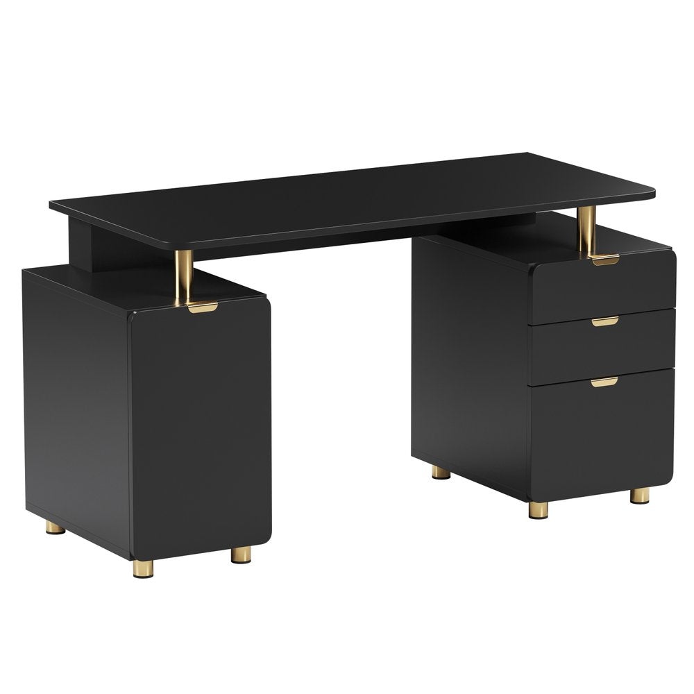 57" Black and Gold Wood and Steel Pedestal Executive Desk With Three Drawers