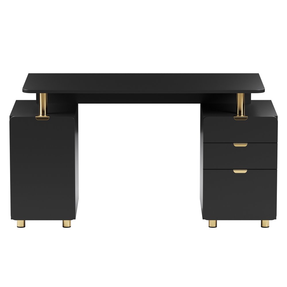 57" Black and Gold Wood and Steel Pedestal Executive Desk With Three Drawers