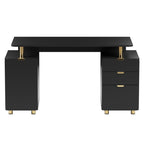 57" Black and Gold Wood and Steel Pedestal Executive Desk With Three Drawers