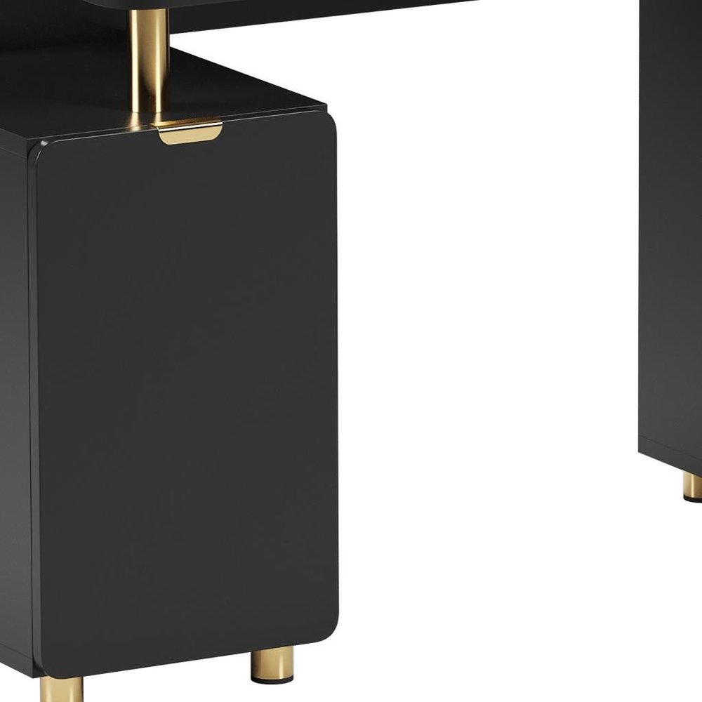 57" Black and Gold Wood and Steel Pedestal Executive Desk With Three Drawers