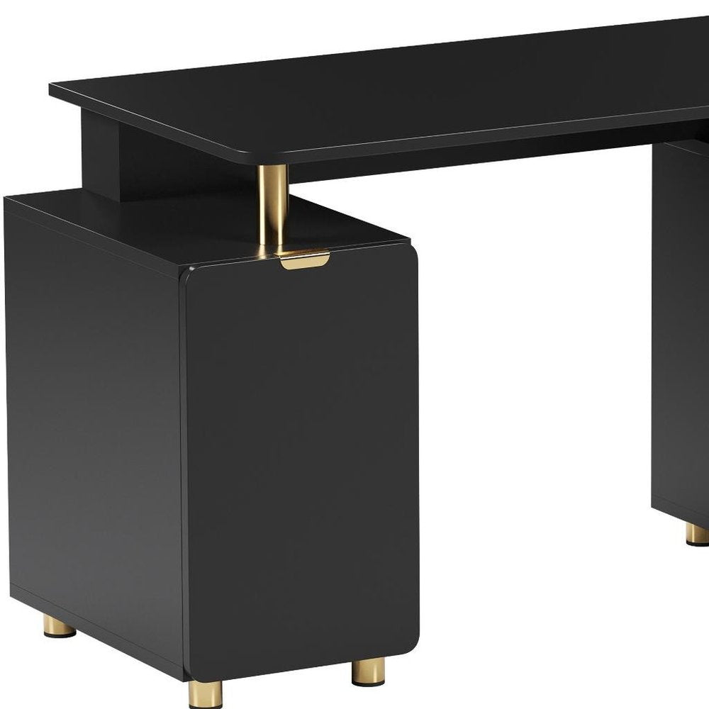 57" Black and Gold Wood and Steel Pedestal Executive Desk With Three Drawers