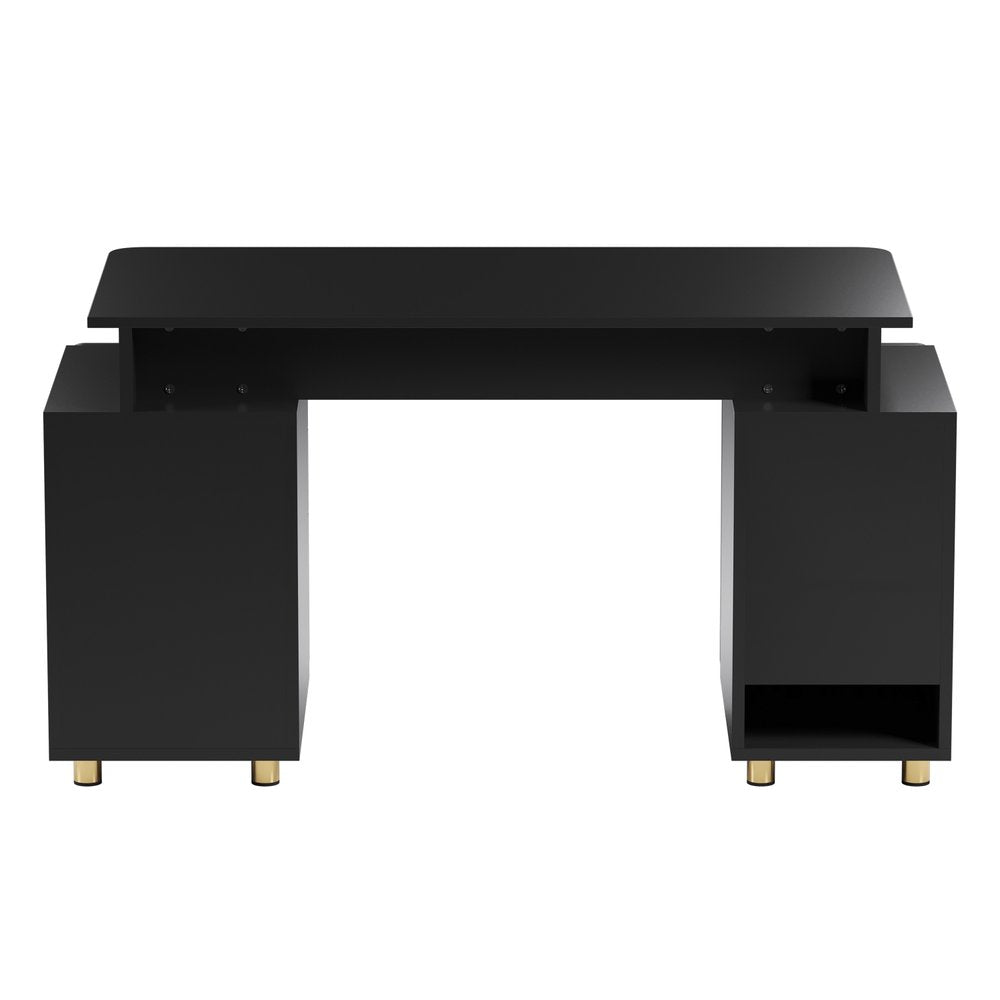 57" Black and Gold Wood and Steel Pedestal Executive Desk With Three Drawers