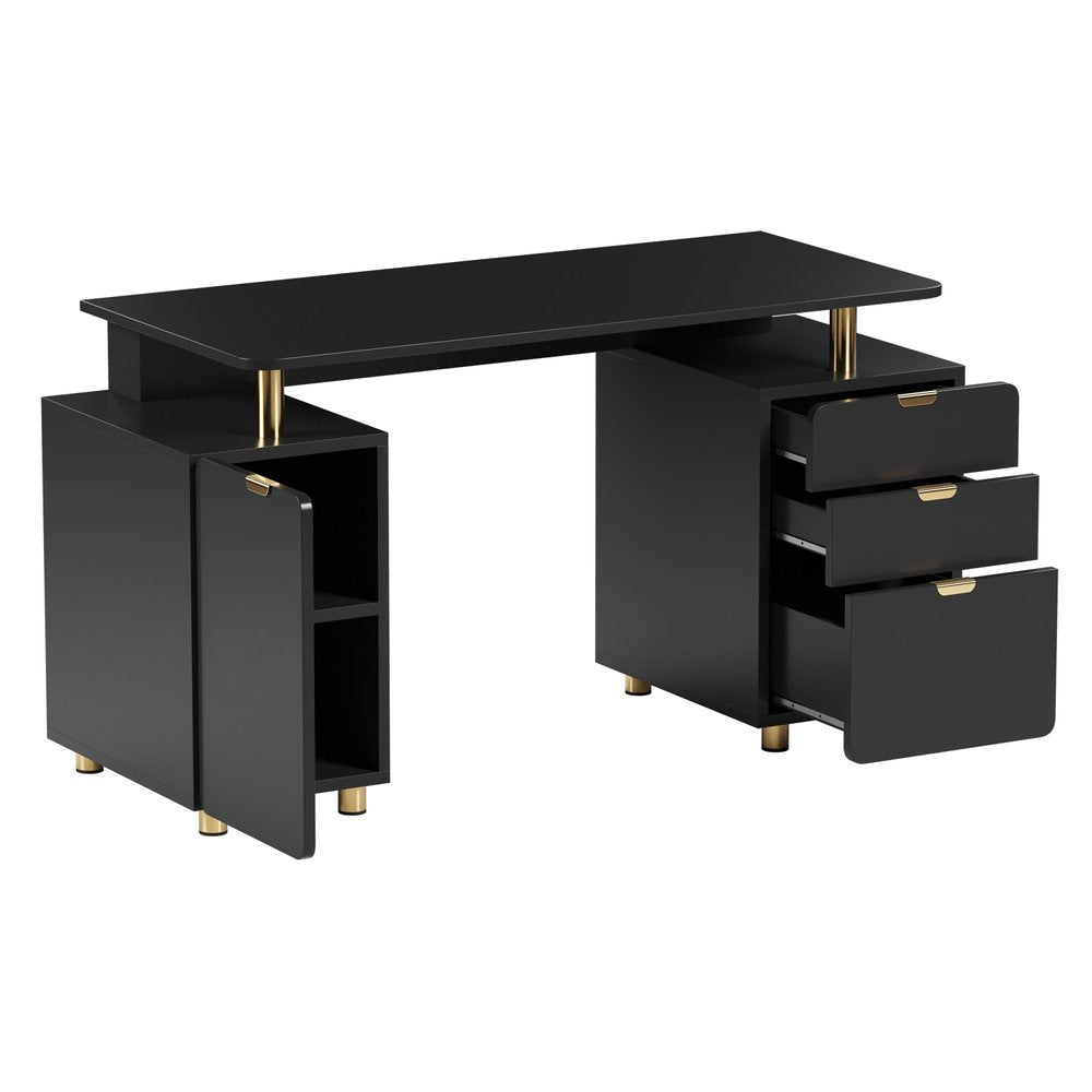 57" Black and Gold Wood and Steel Pedestal Executive Desk With Three Drawers