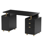 57" Black and Gold Wood and Steel Pedestal Executive Desk With Three Drawers