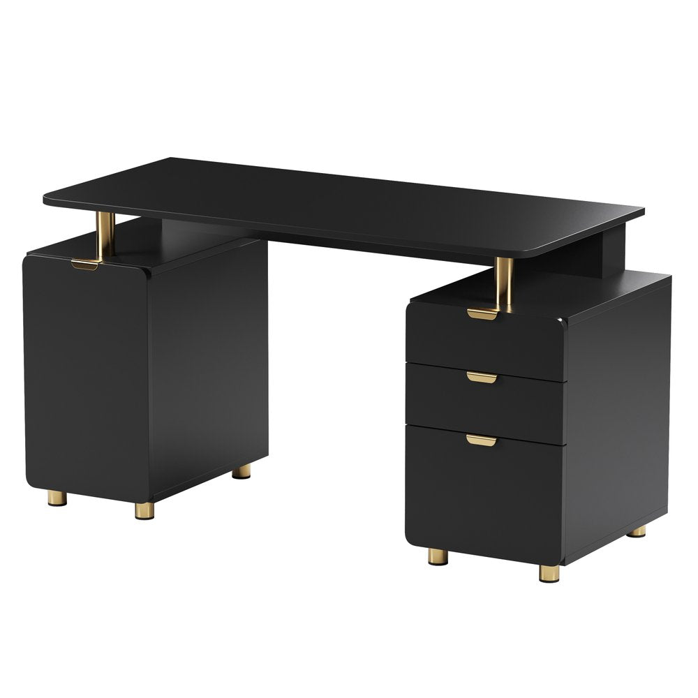 57" Black and Gold Wood and Steel Pedestal Executive Desk With Three Drawers