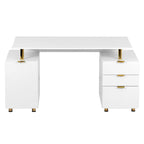 57" White and Gold Wood and Stainless Steel Pedestal Executive Desk With Three Drawers
