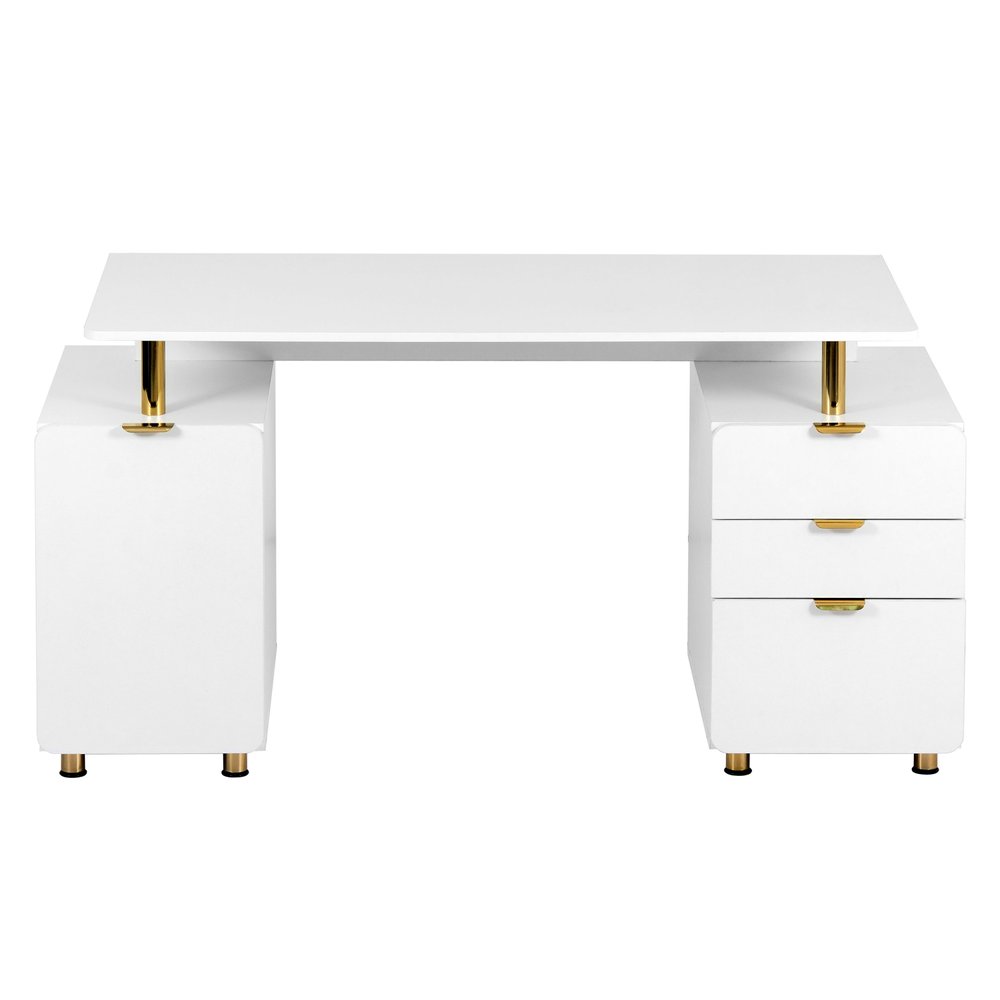 57" White and Gold Wood and Stainless Steel Pedestal Executive Desk With Three Drawers