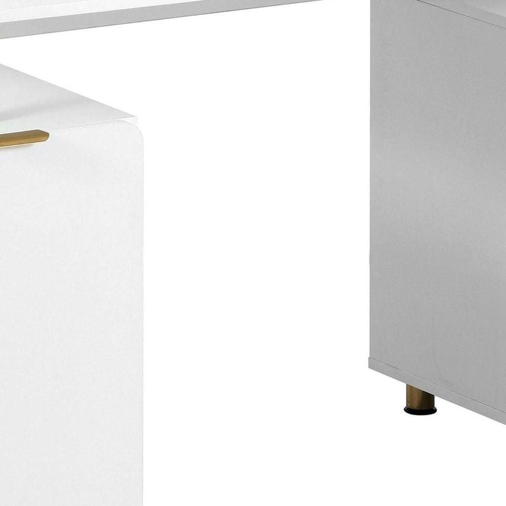 57" White and Gold Wood and Stainless Steel Pedestal Executive Desk With Three Drawers