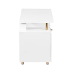 57" White and Gold Wood and Stainless Steel Pedestal Executive Desk With Three Drawers
