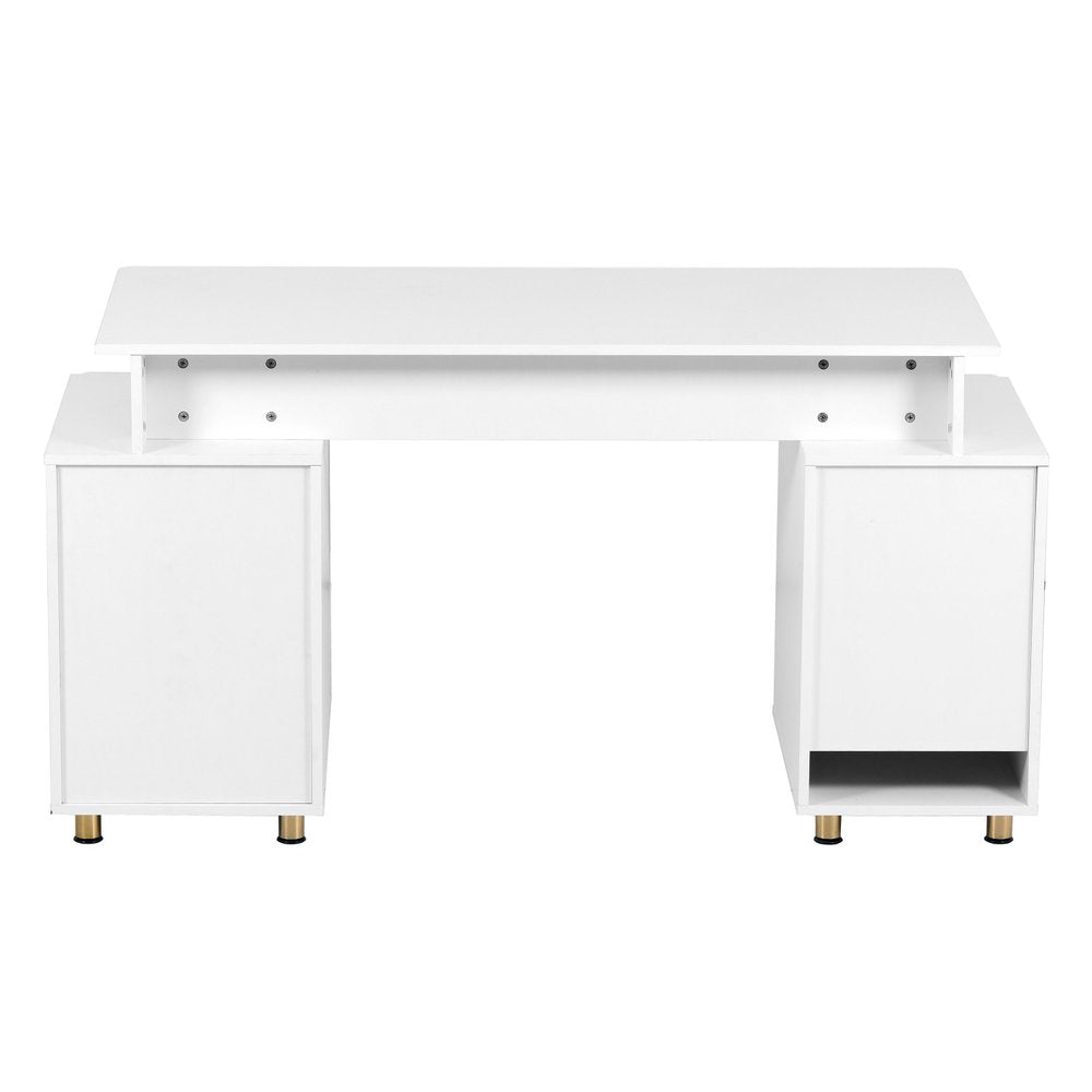 57" White and Gold Wood and Stainless Steel Pedestal Executive Desk With Three Drawers
