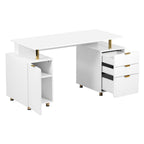 57" White and Gold Wood and Stainless Steel Pedestal Executive Desk With Three Drawers