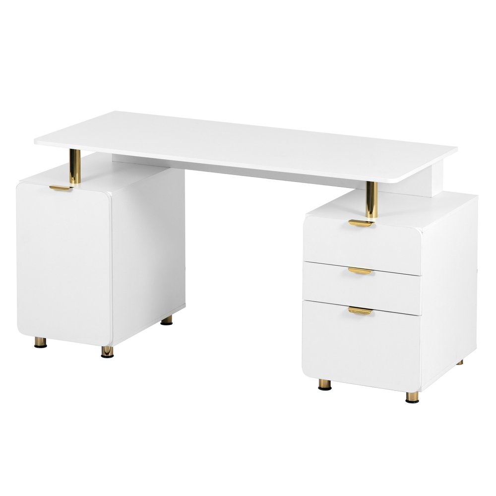 57" White and Gold Wood and Stainless Steel Pedestal Executive Desk With Three Drawers