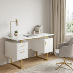 51" White and Gold Wood and Steel Pedestal Executive Desk With Two Drawers