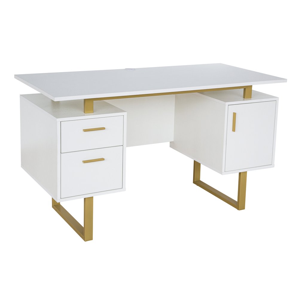 51" White and Gold Wood and Steel Pedestal Executive Desk With Two Drawers