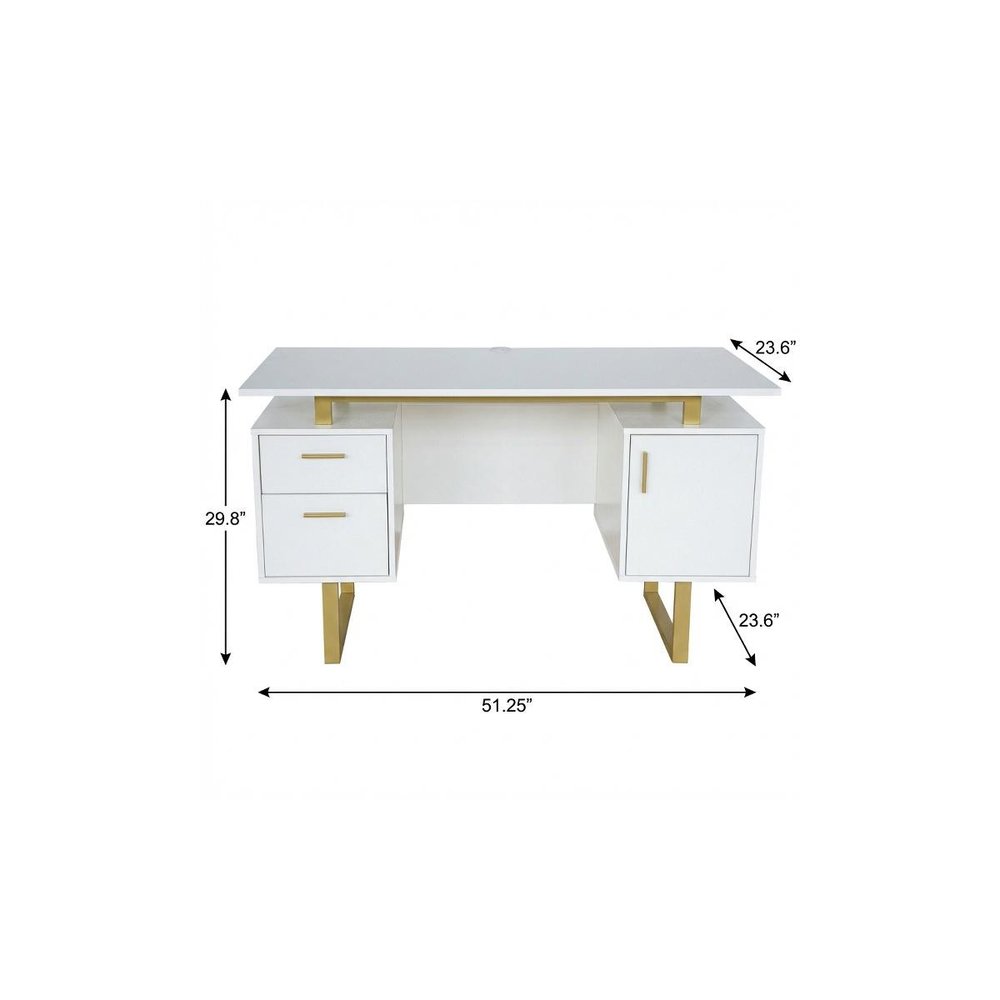 51" White and Gold Wood and Steel Pedestal Executive Desk With Two Drawers