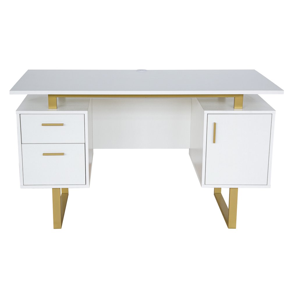 51" White and Gold Wood and Steel Pedestal Executive Desk With Two Drawers