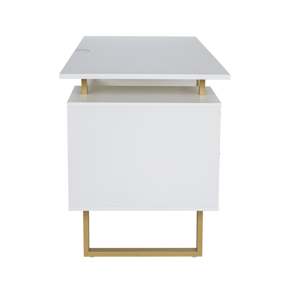 51" White and Gold Wood and Steel Pedestal Executive Desk With Two Drawers
