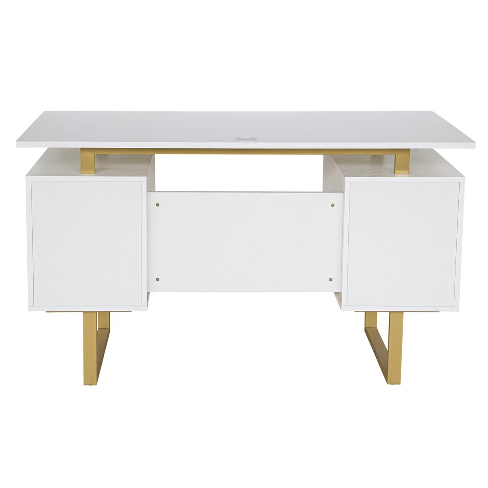 51" White and Gold Wood and Steel Pedestal Executive Desk With Two Drawers