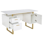 51" White and Gold Wood and Steel Pedestal Executive Desk With Two Drawers