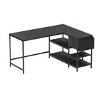 55" Black Wood and Stainless Steel L Shape Computer Desk With Two Drawers